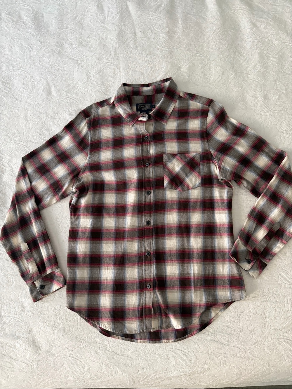 Pendleton Ladies Classic Plaid Button-Down Shirt - Burgundy & Gray